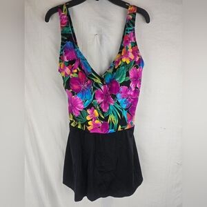 Longitude Pink Multicolored Floral V-Neck Women Swim Dress Sz 14